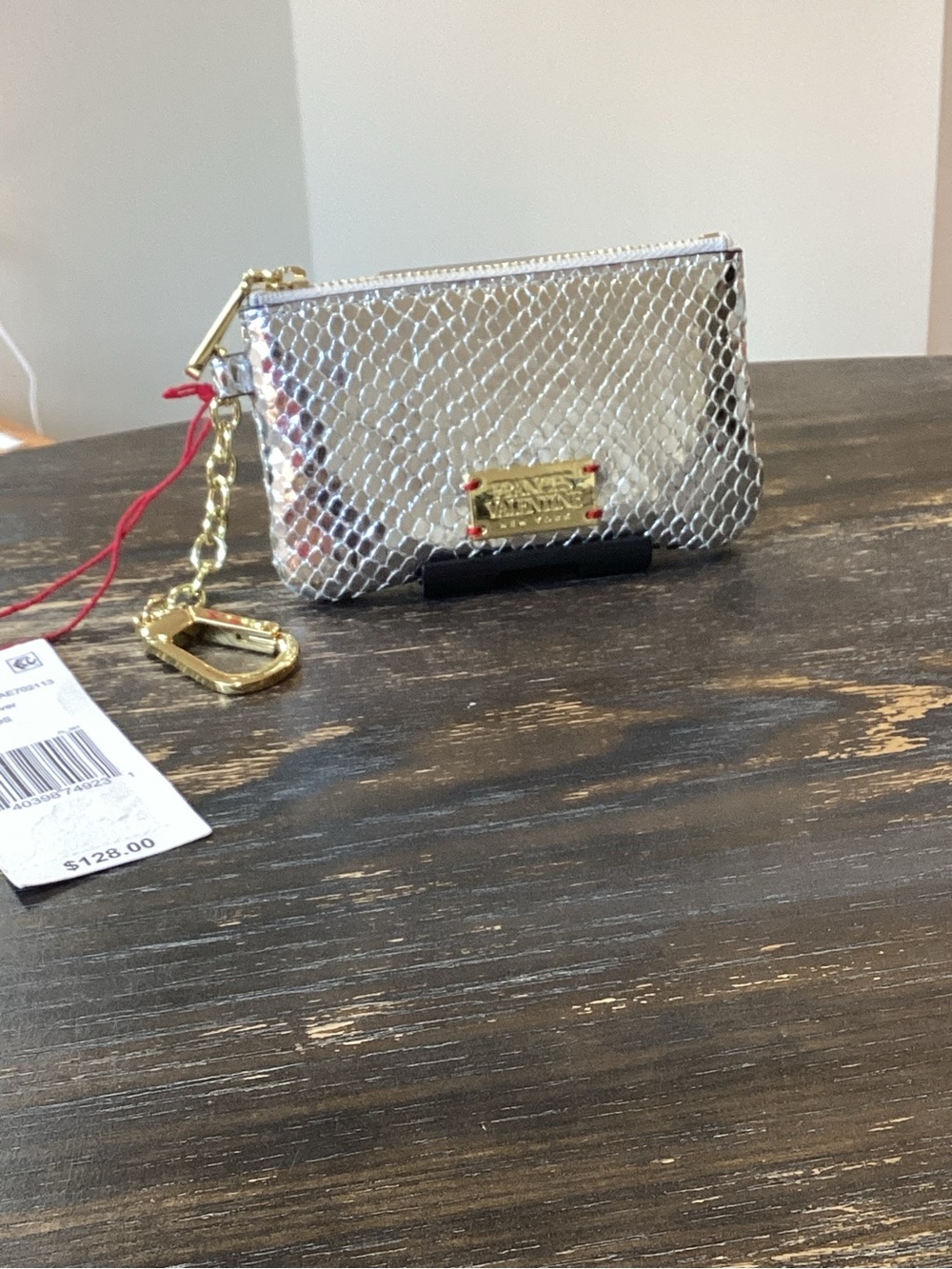 Frances Valentine Bitsy Snakeskin Embossed Silver Metallic Leather Key Pouch